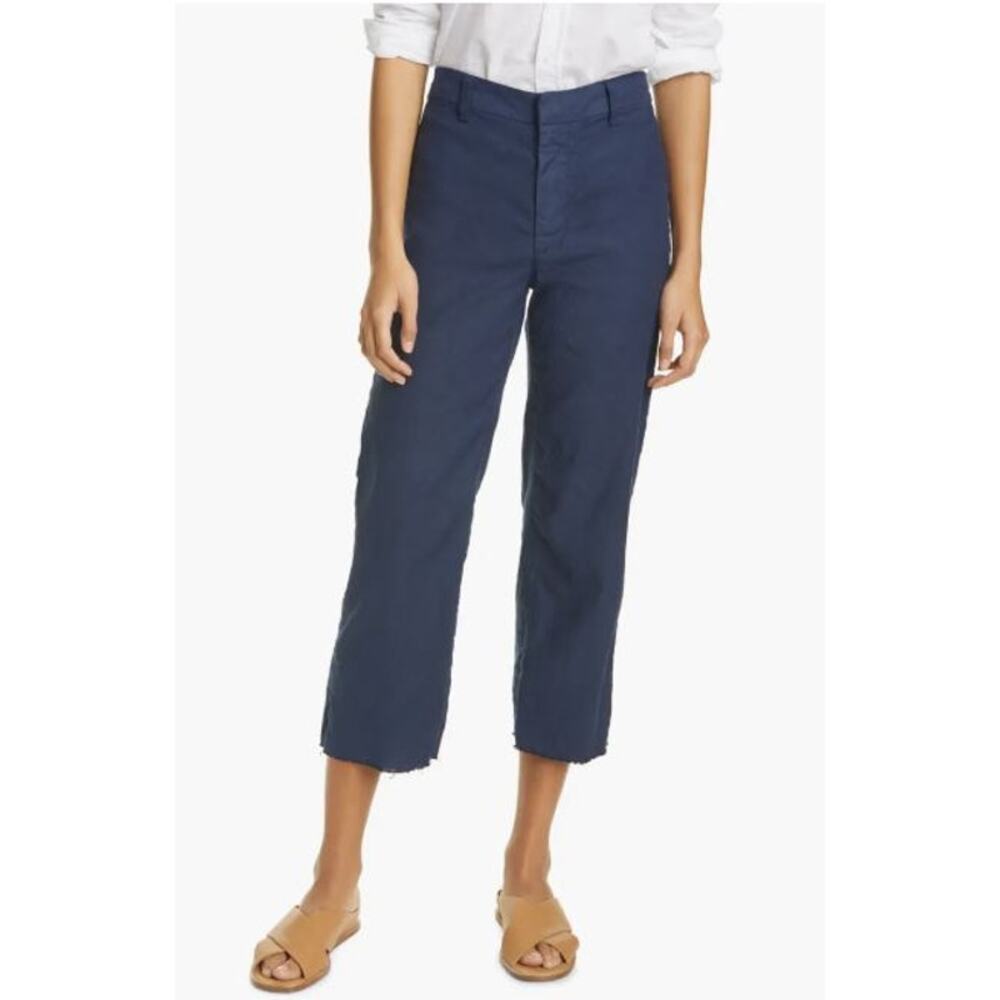 Frank & Eileen Women's Navy Blue Kinsale Trousers Cropped Raw Hem Stretch Casual